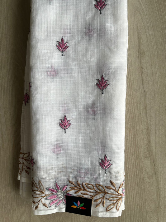 White Embroidered Kota Cotton Saree - 33231