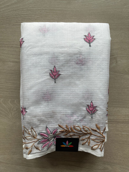 White Embroidered Kota Cotton Saree - 33231