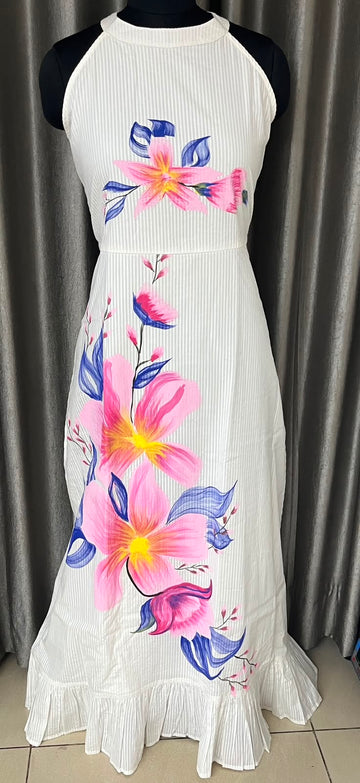 White Blush Bloom Halter Neck Cotton Maxi Dress - SIZE S - 33261