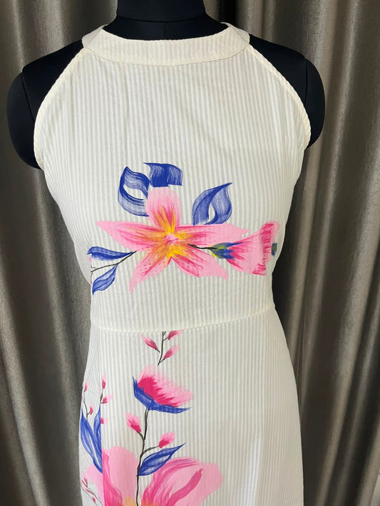 White Blush Bloom Halter Neck Cotton Maxi Dress - SIZE S - 33261