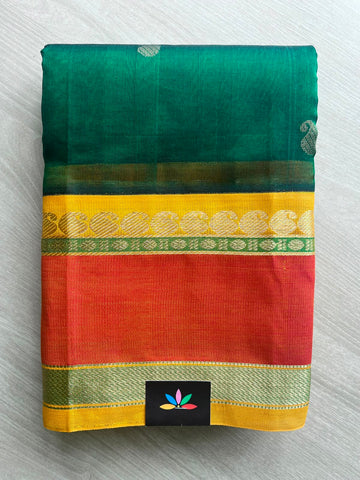 Dark Green Korvai Border Butta Handloom Silk Cotton Saree - 33275