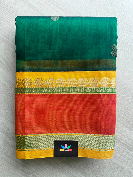 Dark Green Korvai Border Butta Handloom Silk Cotton Saree - 33275