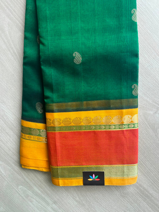 Dark Green Korvai Border Butta Handloom Silk Cotton Saree - 33275