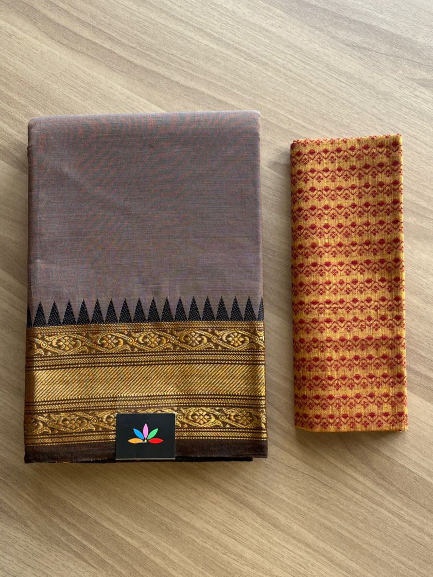 Chettinad Cotton Saree x Temple Border - Sea Green x Dusky Purple