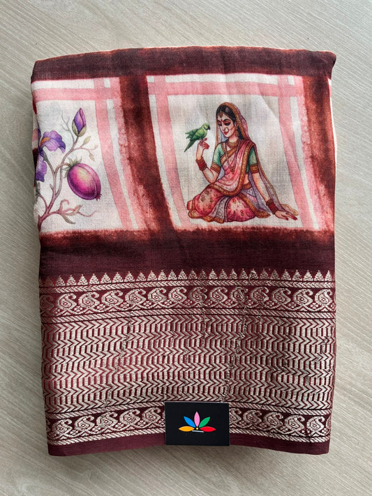 Dark Maroon Digital Printed Mangalagiri Silk Cotton Saree with Woven Zari Border - 33358