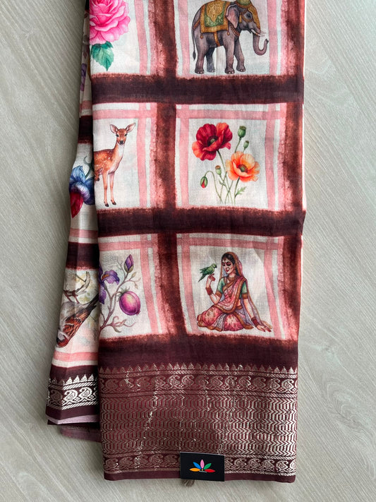 Dark Maroon Digital Printed Mangalagiri Silk Cotton Saree with Woven Zari Border - 33358