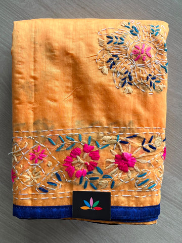 Handcrafted Phulkari Embroidery Chanderi Cotton Silk Saree - 33360