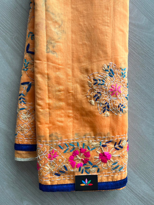 Pale Orange Handcrafted Phulkari Embroidery Chanderi Cotton Silk Saree - 33360
