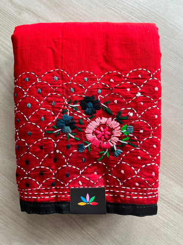 Handcrafted Phulkari Embroidery Chanderi Cotton Silk Saree - 33361