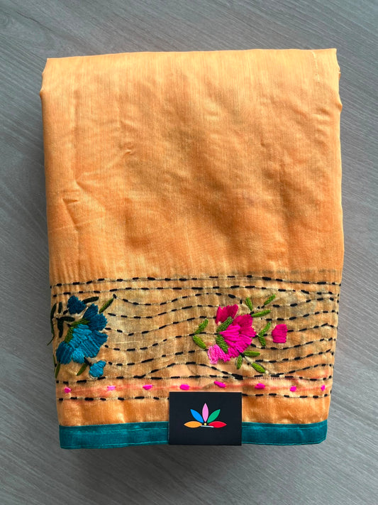 Pale Orange Handcrafted Phulkari Embroidery Chanderi Cotton Silk Saree - 33362