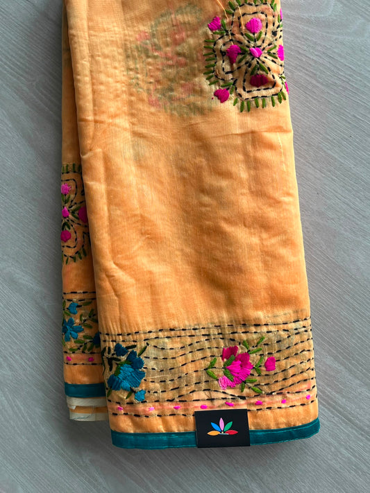 Pale Orange Handcrafted Phulkari Embroidery Chanderi Cotton Silk Saree - 33362