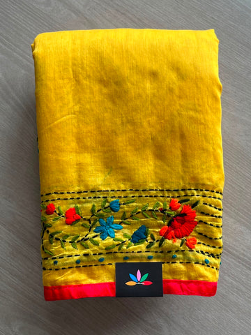 Handcrafted Phulkari Embroidery Chanderi Cotton Silk Saree - 33363