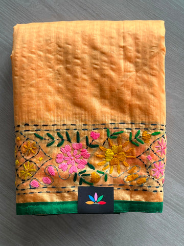 Handcrafted Phulkari Embroidery Chanderi Cotton Silk Saree - 33364