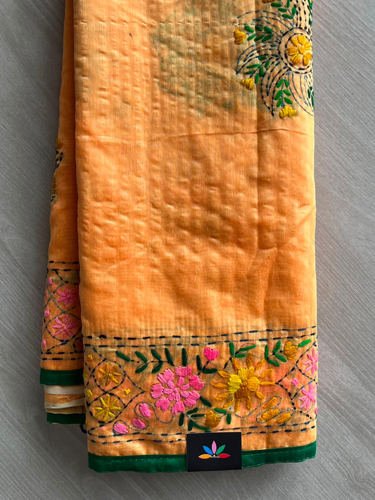 Faded Orange Handcrafted Phulkari Embroidery Chanderi Cotton Silk Saree - 33364