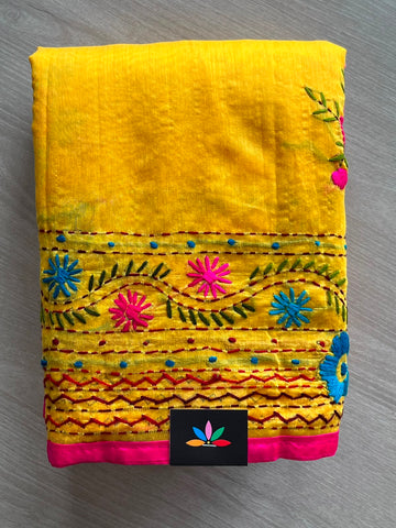 Handcrafted Phulkari Embroidery Chanderi Cotton Silk Saree - 33365