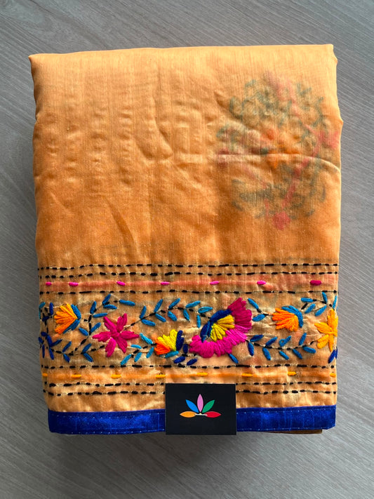 Faded Orange Handcrafted Phulkari Embroidery Chanderi Cotton Silk Saree - 33366