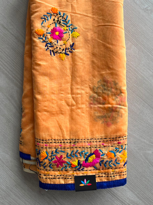 Faded Orange Handcrafted Phulkari Embroidery Chanderi Cotton Silk Saree - 33366