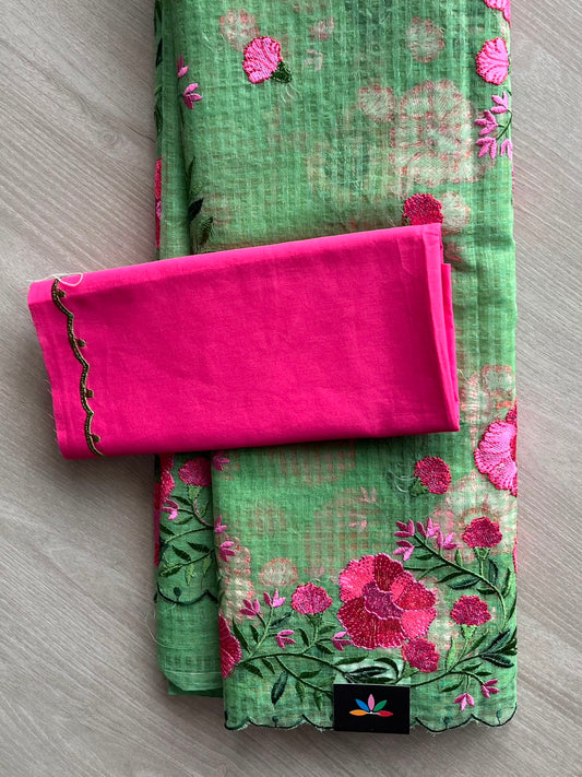 Dusty Green Scallop Border Parsi Embroidery Resham Kota Saree - 33367