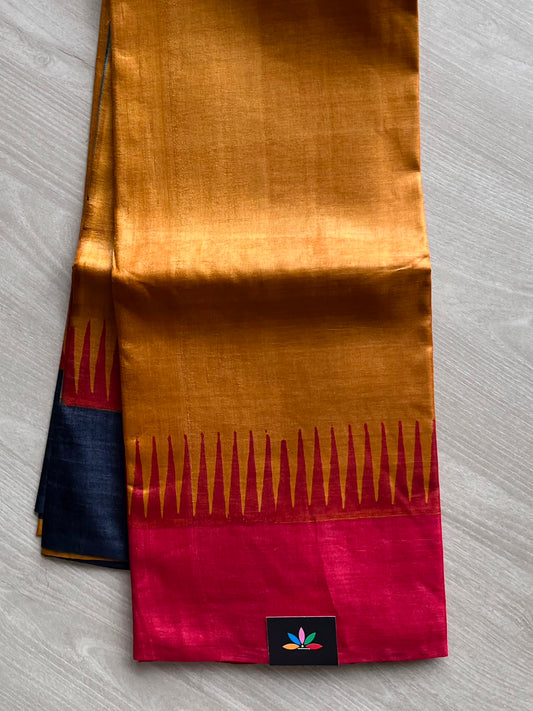 Reno Sand Shade Temple Border Block Printed Pure Tussar Silk Saree - 33368