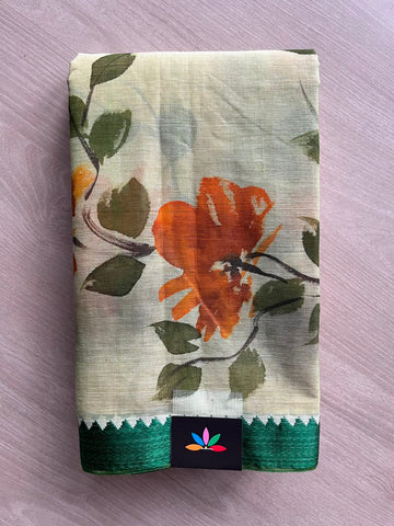 Floral Hand painted Bengal Cotton Saree (Without blouse) - 33369