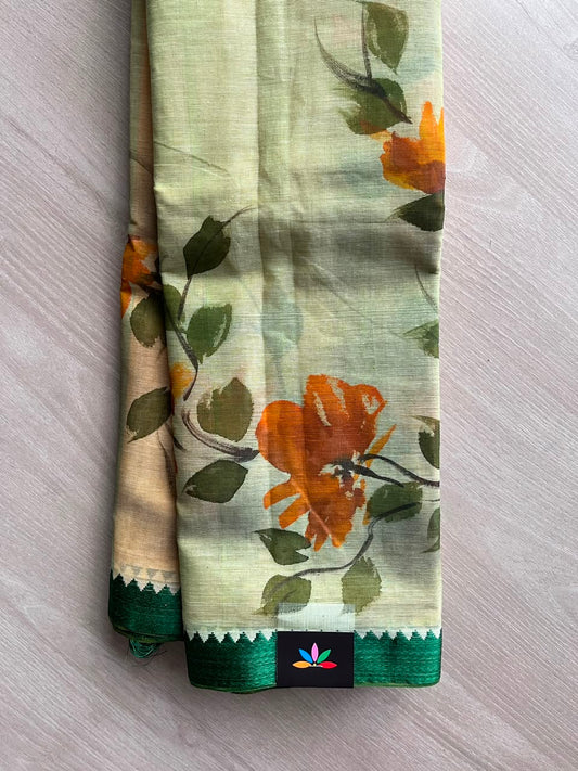 Tuscan & Pale Sage Shade Floral Hand painted Bengal Cotton Saree (Without blouse) - 33369
