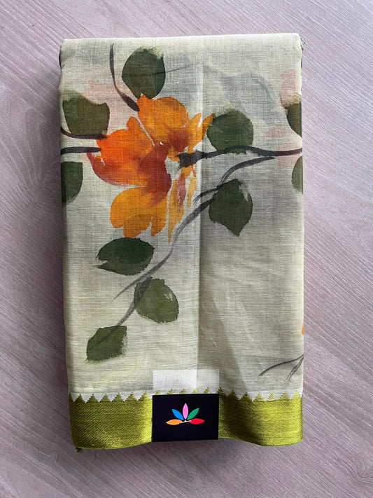 Pale Sage Shade Floral Hand painted Bengal Cotton Saree (Without blouse) - 33371