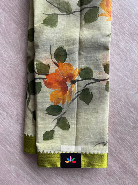 Pale Sage Shade Floral Hand painted Bengal Cotton Saree (Without blouse) - 33371