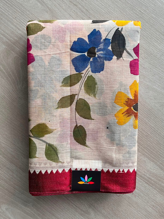 Off-White & Light Carmine Pink Floral Hand painted Bengal Cotton Saree (Without blouse) - 33372