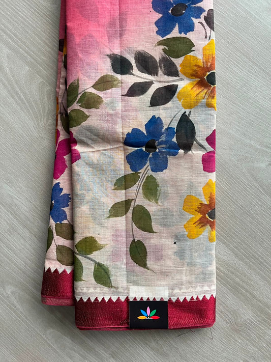 Off-White & Light Carmine Pink Floral Hand painted Bengal Cotton Saree (Without blouse) - 33372