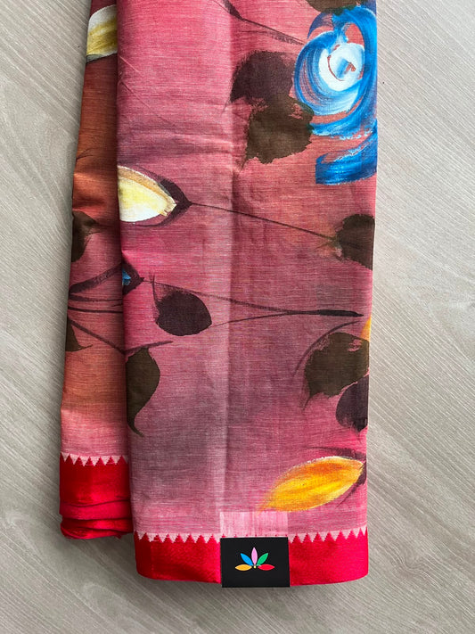Dusty Pink Floral Hand painted Bengal Cotton Saree (Without blouse) - 33374