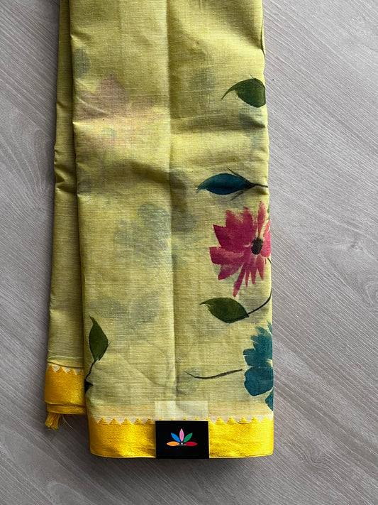 Floral Hand painted Bengal Cotton Saree (Without blouse) - 33376