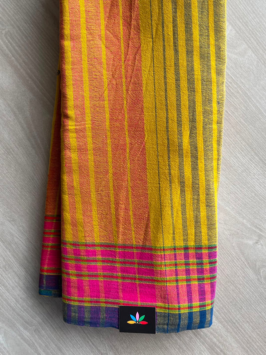 Multi Color Stripe Pattern Handspun and Handwoven Bujodi Cotton Saree - 33428