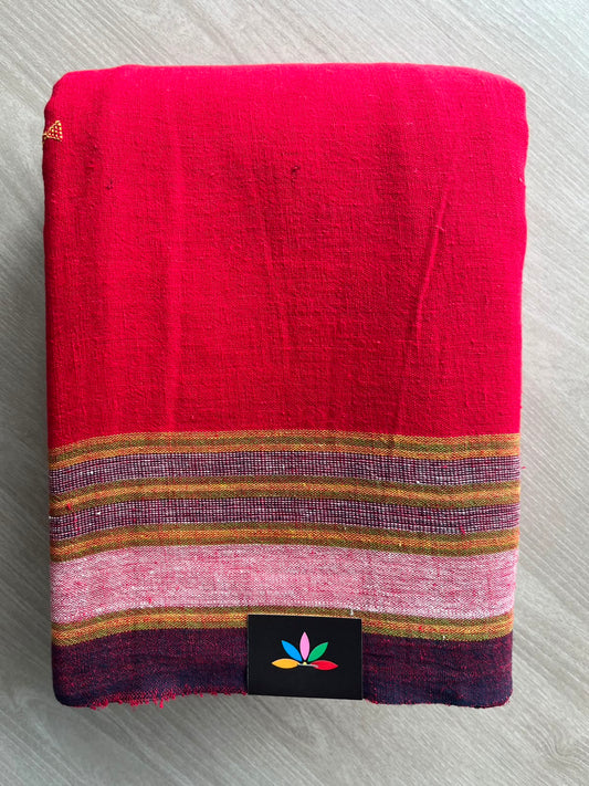 Cherry Red Handspun and Handwoven Bujodi Cotton Saree - 33429