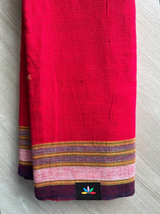 Cherry Red Handspun and Handwoven Bujodi Cotton Saree - 33429