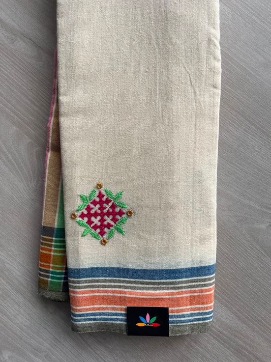 Off-White Handspun and Handwoven Bujodi Cotton Saree (Without Blouse) - 33430