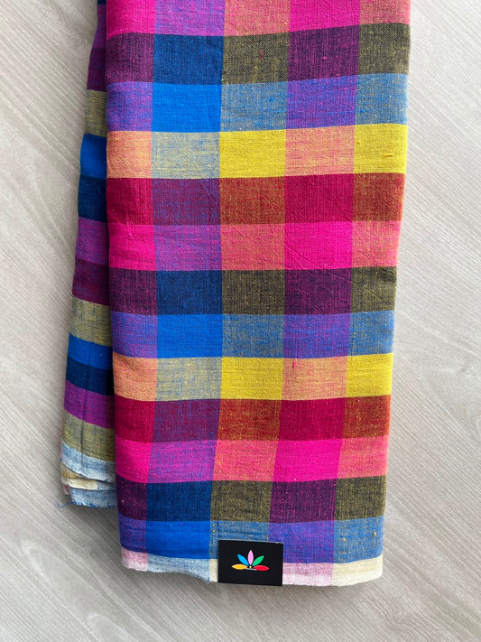 Multi Color Checked Handspun and Handwoven Bujodi Cotton Saree - 33431