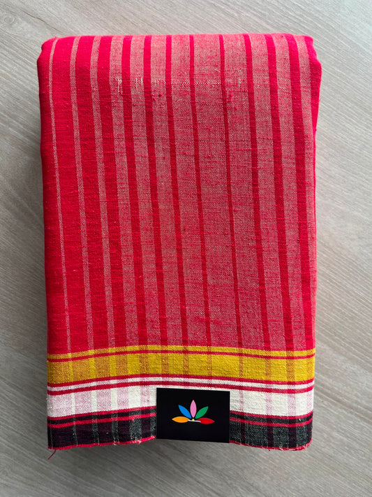 Cherry Red Stripes Handspun and Handwoven Bujodi Cotton Saree (Without Blouse) - 33433