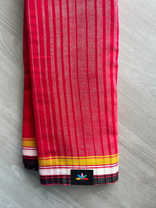 Cherry Red Stripes Handspun and Handwoven Bujodi Cotton Saree (Without Blouse) - 33433