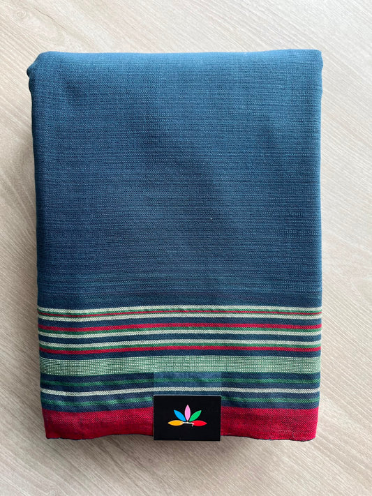 Light Navy Blue Handspun and Handwoven Bujodi Cotton Saree - 33436