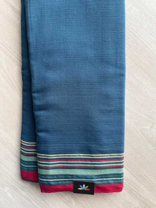 Light Navy Blue Handspun and Handwoven Bujodi Cotton Saree - 33436