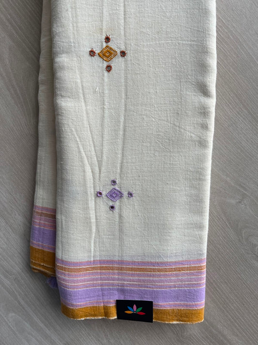 Off-White Handspun and Handwoven Bujodi Cotton with Mirror Work Saree - 33437