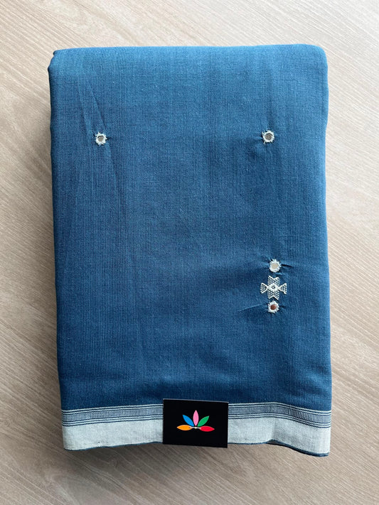 Light Navy Blue Handspun and Handwoven Bujodi Cotton with Mirror Work Saree - 33438