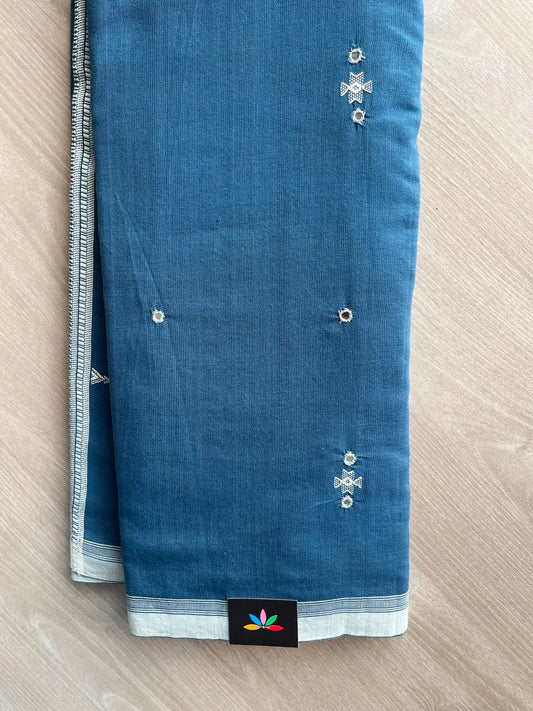 Light Navy Blue Handspun and Handwoven Bujodi Cotton with Mirror Work Saree - 33438