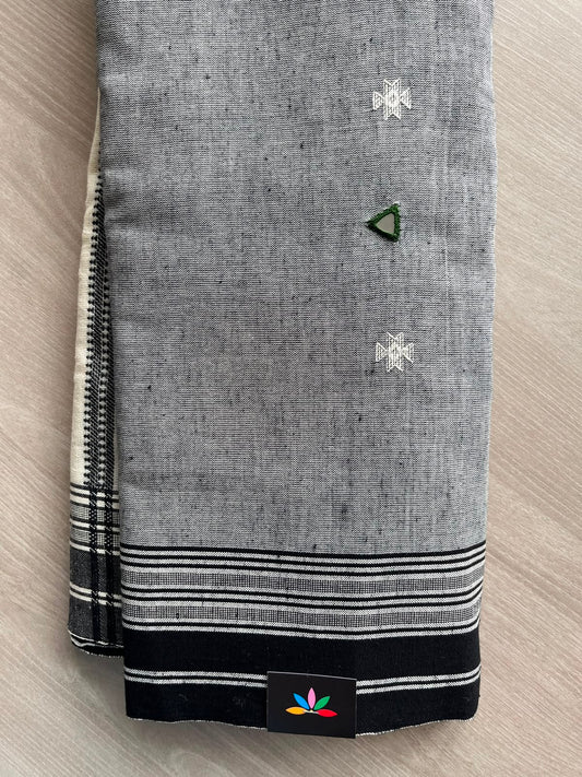 Double Tone (Steel Gray/Black) Handspun and Handwoven Bujodi Cotton with Mirror Work Saree - 33440