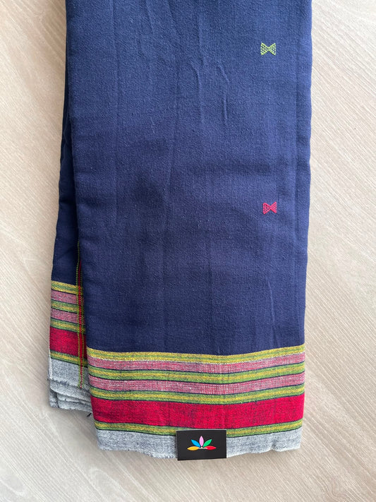Deep Royal Blue Handspun and Handwoven Bujodi Cotton with Mirror Work Saree - 33441