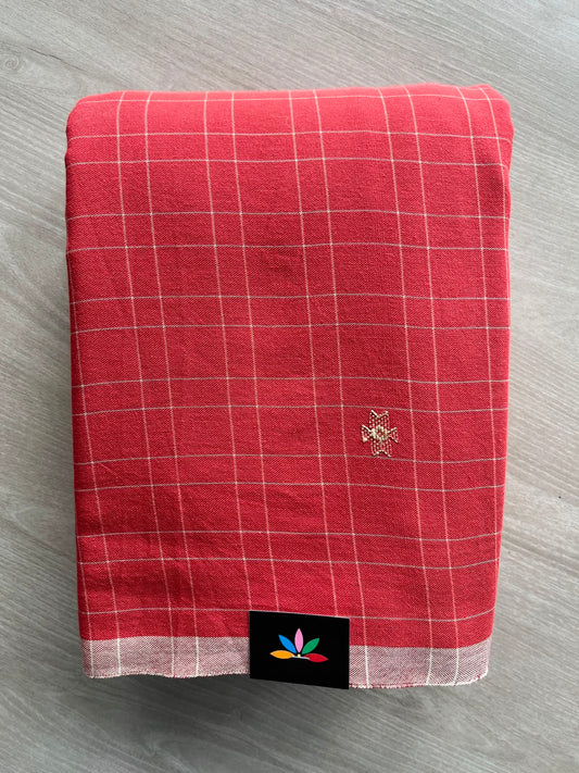 Light Red Handspun and Handwoven Bujodi Cotton Saree with Tussar Extra Weft Pallu - 33443