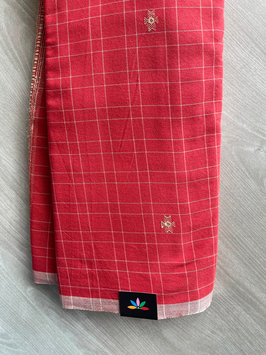 Light Red Handspun and Handwoven Bujodi Cotton Saree with Tussar Extra Weft Pallu - 33443