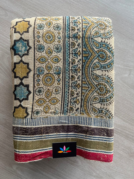 Light Beige Natural Dyed Block Printed Bujodi Tussar Saree - 33444