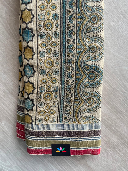 Light Beige Natural Dyed Block Printed Bujodi Tussar Saree - 33444