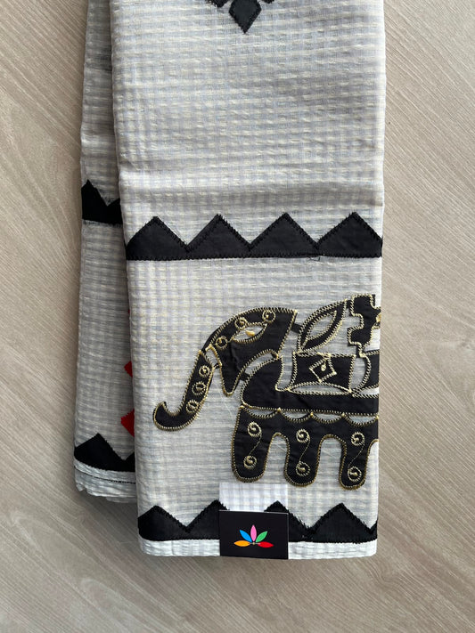 Appliqué work Kota Checks Saree (Without blouse) -33973